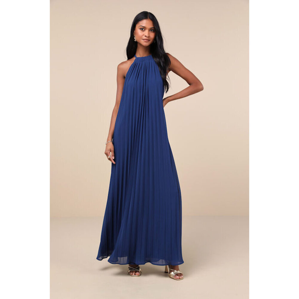 Lulus Exceptionally Elegant Blue Pleated Chiffon Maxi Dress - Size L
